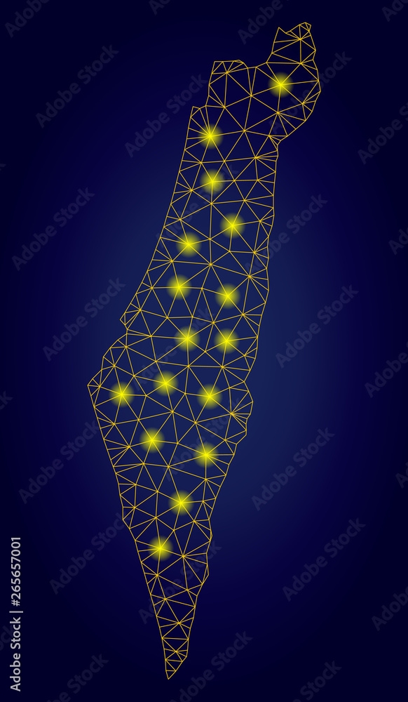 Poster yellow mesh vector israel map with glow effect on a dark blue gradiented background. abstract lines,