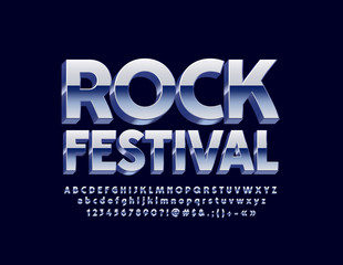 Vector poster Rock Festival with metallic Alphabet set. 3D Silver Font. Isometric chrome Letters, Numbers and Symbols