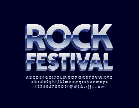 Vector Poster Rock Festival With Metallic Alphabet Set. 3D Silver Font. Isometric Chrome Letters, Numbers And Symbols