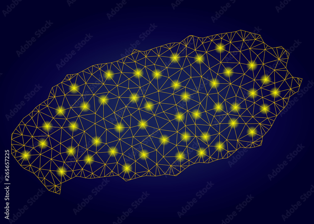 Poster yellow mesh vector jeju island map with flare effect on a dark blue gradiented background. abstract 