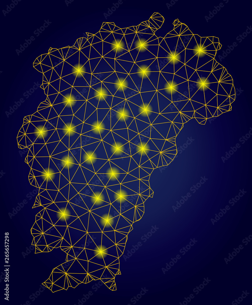 Poster yellow mesh vector jiangxi province map with glare effect on a dark blue gradiented background. abst