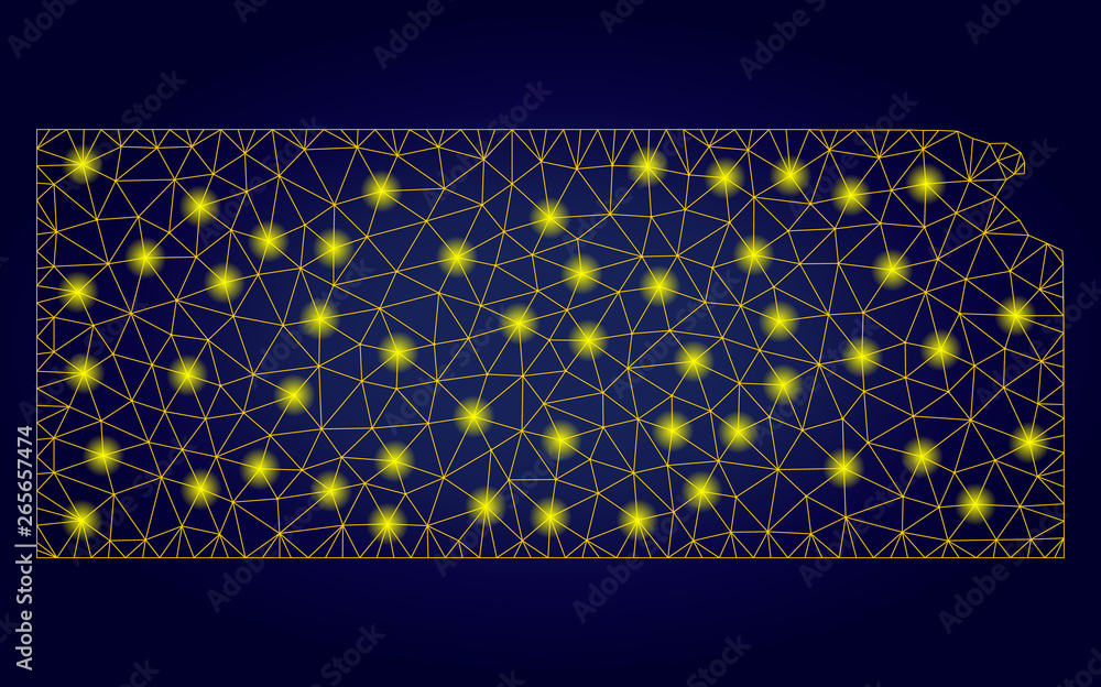 Poster yellow mesh vector kansas state map with glitter effect on a dark blue gradiented background. abstra