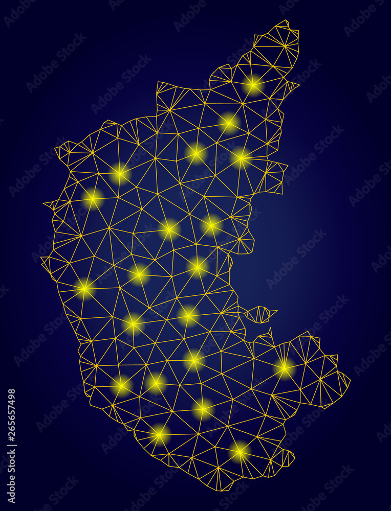 Poster yellow mesh vector karnataka state map with glare effect on a dark blue gradiented background. abstr