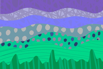 Landscape hand drawn abstract illustration in green violet and beige colors. Cartoon style