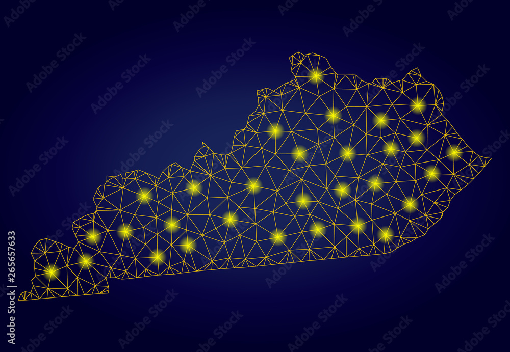 Poster yellow mesh vector kentucky state map with glare effect on a dark blue gradiented background. abstra