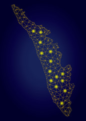 Yellow mesh vector Kerala State map with glow effect on a dark blue gradiented background. Abstract lines, light spots and spheric points form Kerala State map constellation.