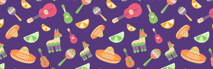 Cinco de Mayo Seamless Pattern for festival in Mexico, flat. T-shirt print of colorful symbols for Mexican parade with maracas, pinata, fruits, sombrero, cactus, guitar
