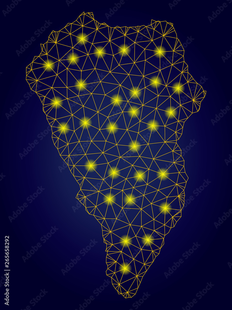 Poster yellow mesh vector la palma island map with glare effect on a dark blue gradiented background. abstr