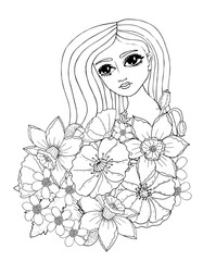 Portrait young beautiful girl with the long hair and flower coloring page