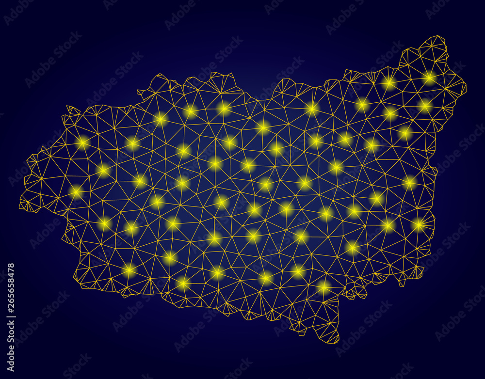 Poster yellow mesh vector leon province map with glare effect on a dark blue gradiented background. abstrac