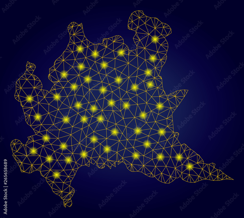 Aufkleber yellow mesh vector lombardy region map with glare effect on a dark blue gradiented background. abstr