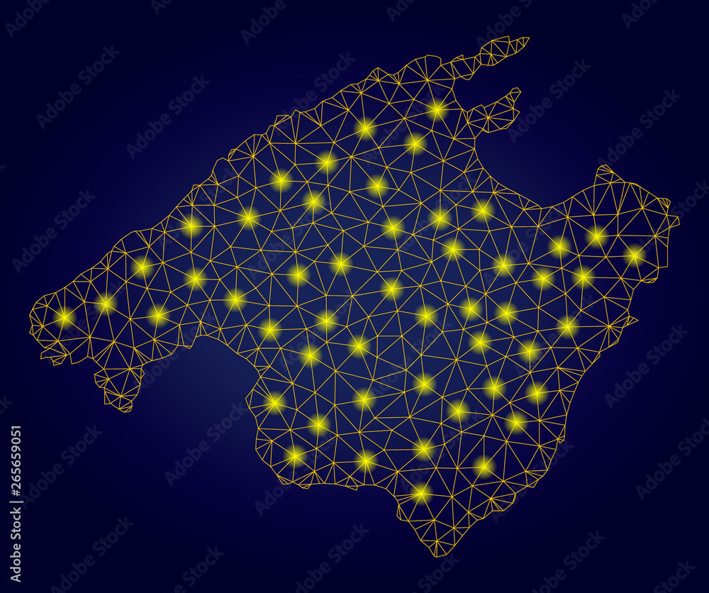 Poster yellow mesh vector mallorca map with glare effect on a dark blue gradiented background. abstract lin