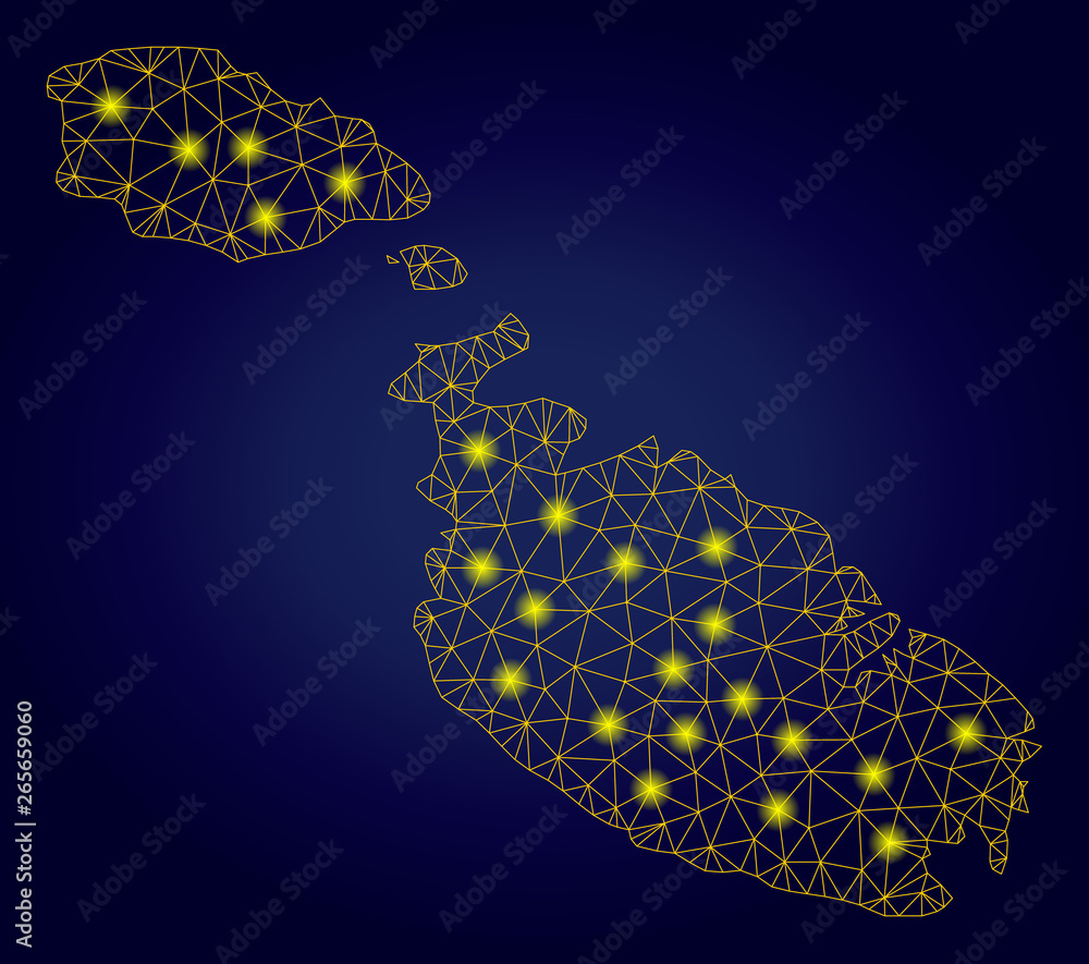Poster yellow mesh vector malta island map with glow effect on a dark blue gradiented background. abstract 