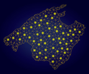 Yellow mesh vector Mallorca map with glare effect on a dark blue gradiented background. Abstract lines, light spots and spheric points form Mallorca map constellation.