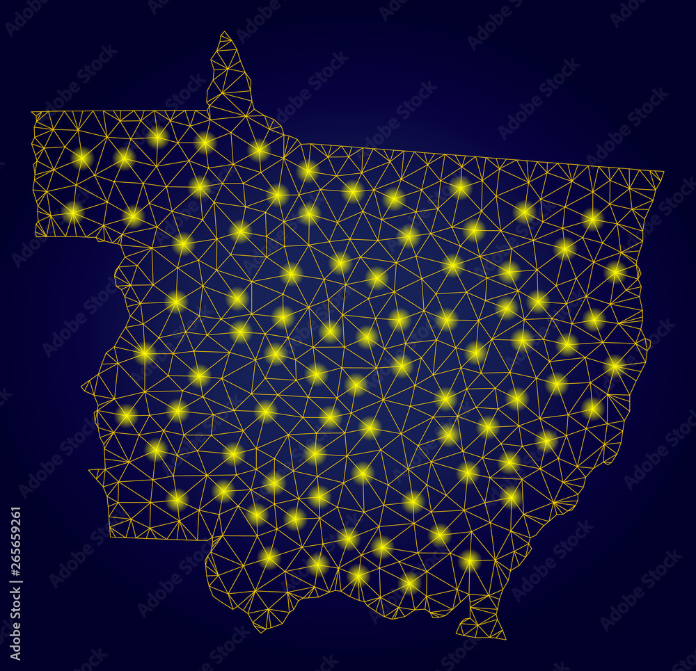 Poster yellow mesh vector mato grosso state map with glow effect on a dark blue gradiented background. abst
