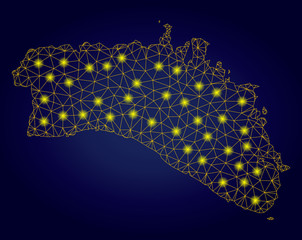 Yellow mesh vector Menorca Island map with glare effect on a dark blue gradiented background. Abstract lines, light spots and points form Menorca Island map constellation.