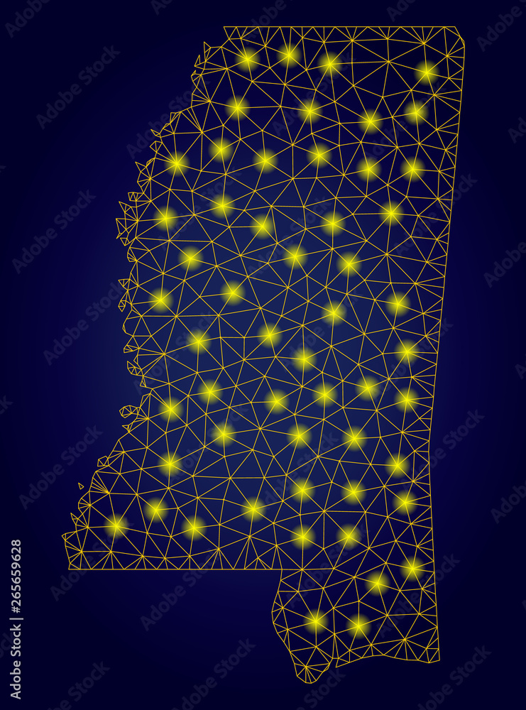 Aufkleber yellow mesh vector mississippi state map with flare effect on a dark blue gradiented background. abs