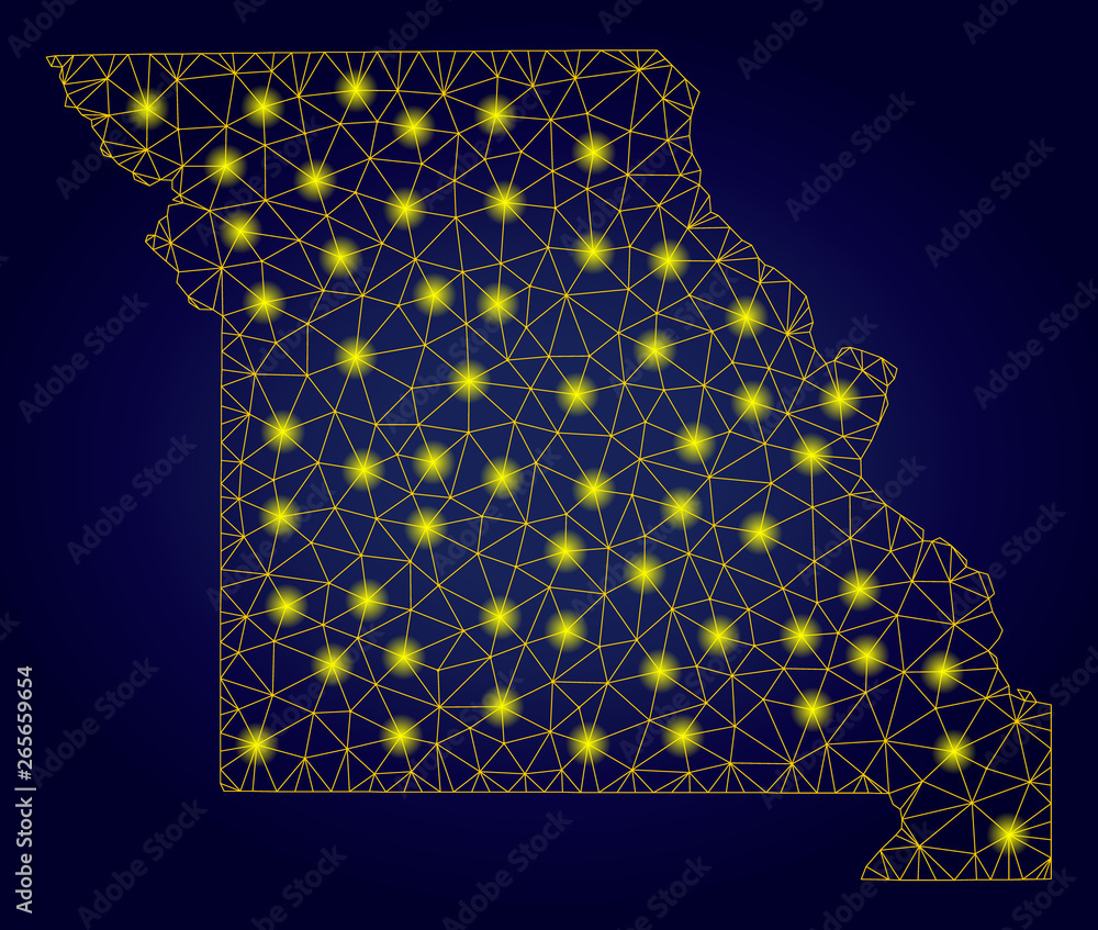 Poster yellow mesh vector missouri state map with glare effect on a dark blue gradiented background. abstra