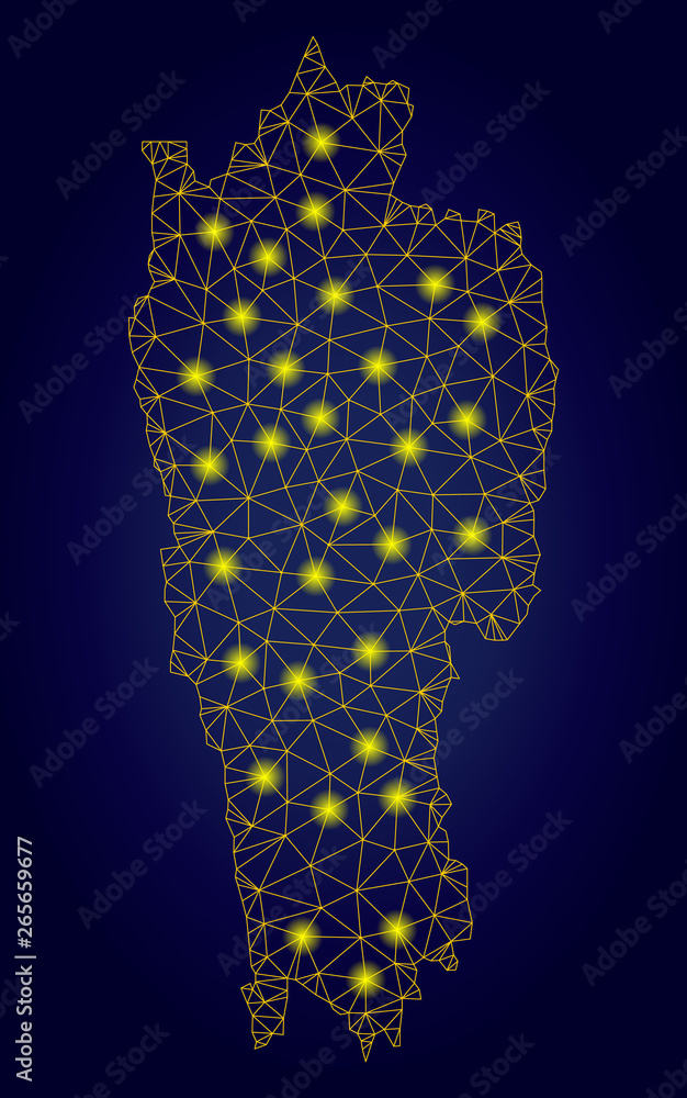 Poster yellow mesh vector mizoram state map with glare effect on a dark blue gradiented background. abstrac