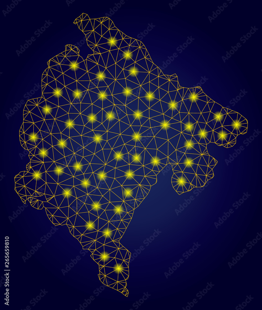 Poster yellow mesh vector montenegro map with flare effect on a dark blue gradiented background. abstract l