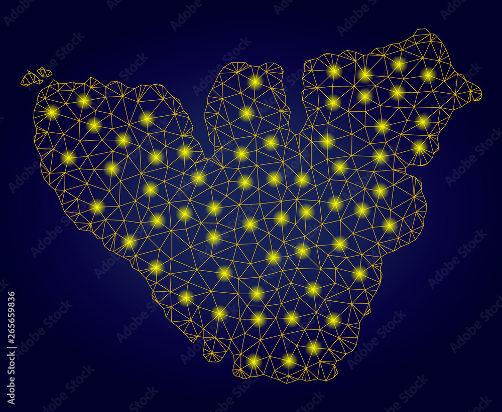Poster yellow mesh vector moorea island map with glare effect on a dark blue gradiented background. abstrac