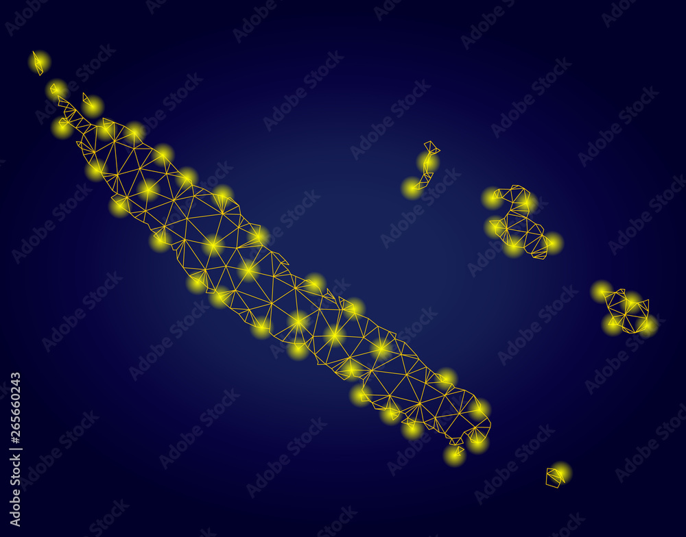 Poster yellow mesh vector new caledonia islands map with glare effect on a dark blue gradiented background.