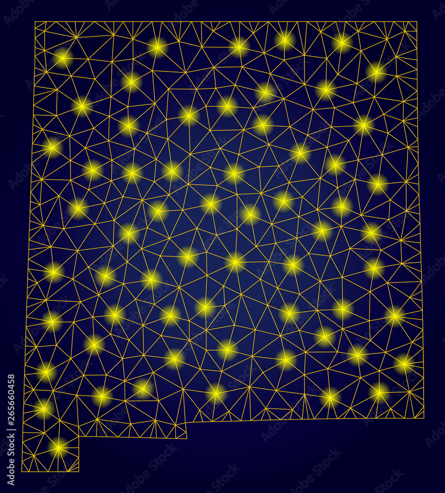 Poster yellow mesh vector new mexico state map with glare effect on a dark blue gradiented background. abst