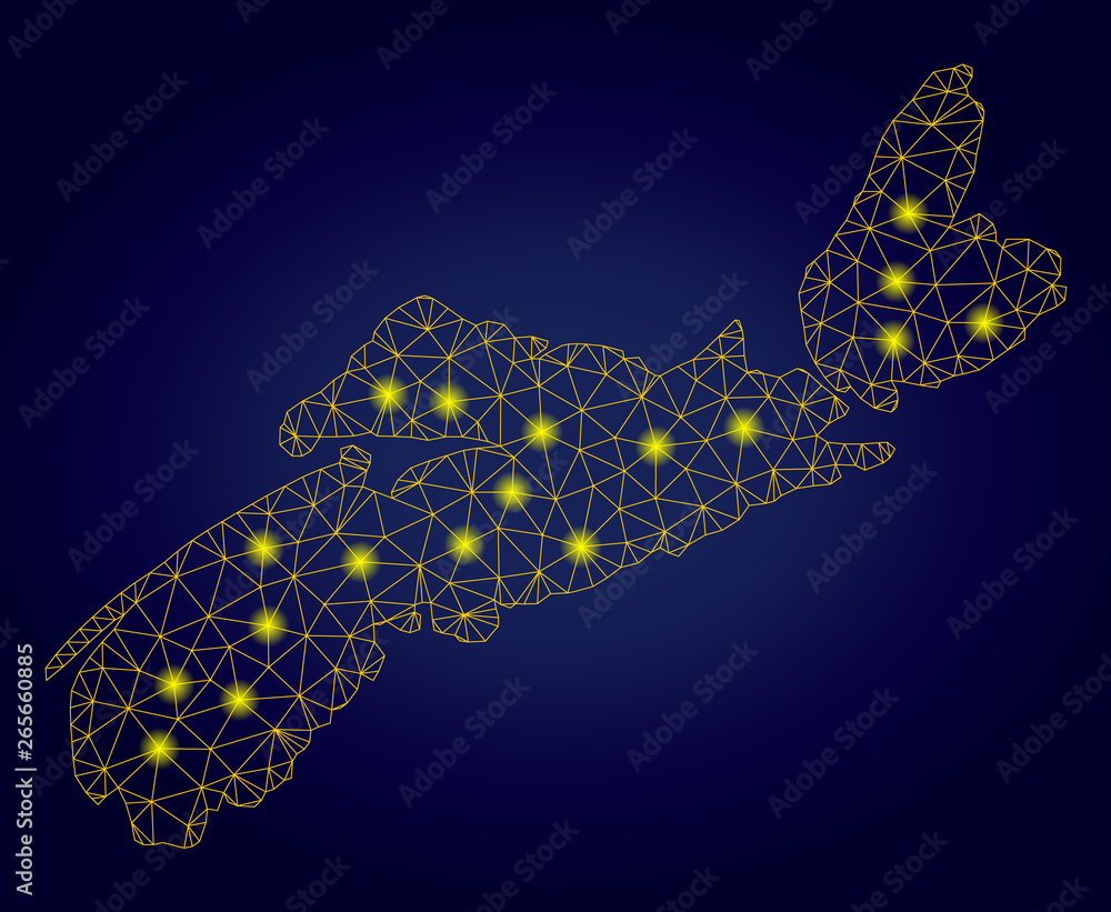 Poster yellow mesh vector nova scotia province map with glare effect on a dark blue gradiented background. 