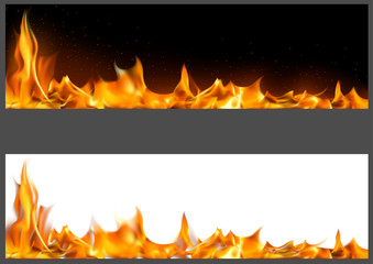 Realistic Fire Flames on Banners - Two Graphic Variants with Black and White Backgrounds, Vector Illustration