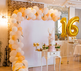 Baby shower, newborn, concept designs, patterns, baloons, cakes, cupcakes, candies, sweets prepared for birthday party © ozencdeniz