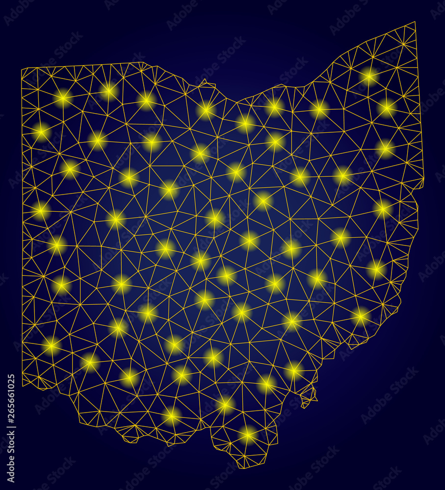 Poster yellow mesh vector ohio state map with glare effect on a dark blue gradiented background. abstract l