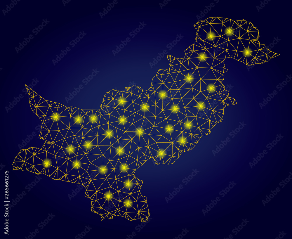 Poster yellow mesh vector pakistan map with glow effect on a dark blue gradiented background. abstract line
