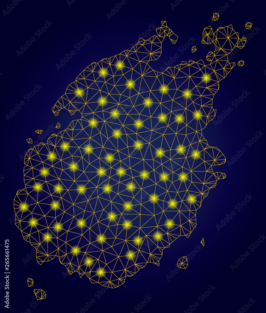 Aufkleber yellow mesh vector paros island map with flare effect on a dark blue gradiented background. abstract