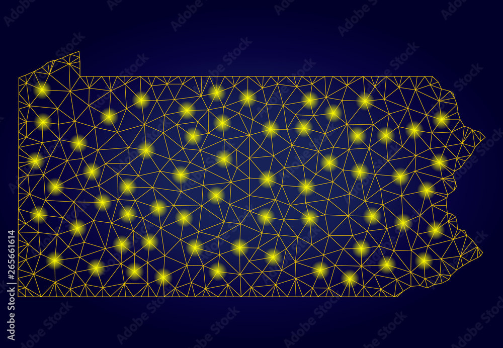 Poster yellow mesh vector pennsylvania state map with glow effect on a dark blue gradiented background. abs