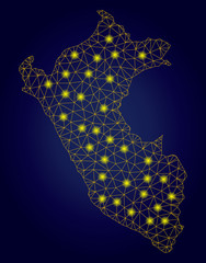 Yellow mesh vector Peru map with glitter effect on a dark blue gradiented background. Abstract lines, light spots and circle dots form Peru map constellation.
