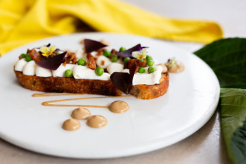 Spring Pea Tartine with Bacon Bits