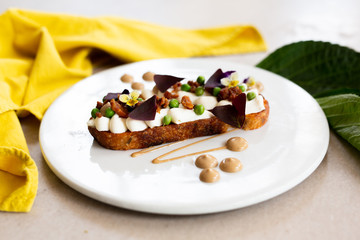 Spring Pea Tartine with Bacon Bits
