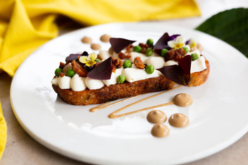 Spring Pea Tartine with Bacon Bits