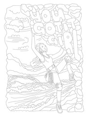 Cute hand draw coloring page with brave climbing girl. Feminist zen art vector illustration of sport girl with words You Got It Girl and landscape for colouring pages. Climbing girl vector outline