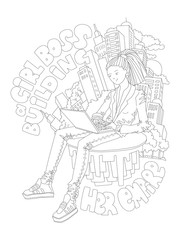 Cute hand draw coloring page with brave girl. Feminist zen art vector illustration of Girl Boss, Building her Empire, sitting with laptop, surrounded by skyscrappers - outline illustration for