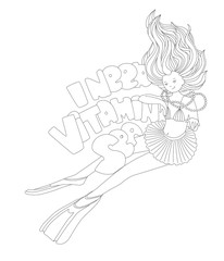 I need vitamin Sea - vector outline illustration with swimming girl in flippers, skirt, floating underwater with words I need Vitamin Sea. Coloring page illustration, summer vacation concept