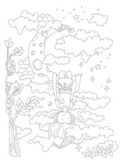 Little girl dreaming in her sleep, hanging on crescent moon, seing clouds, stars and space around. Vector outline illustration for zen coloring pages for adults and kids. Cute coloring page, sleeping