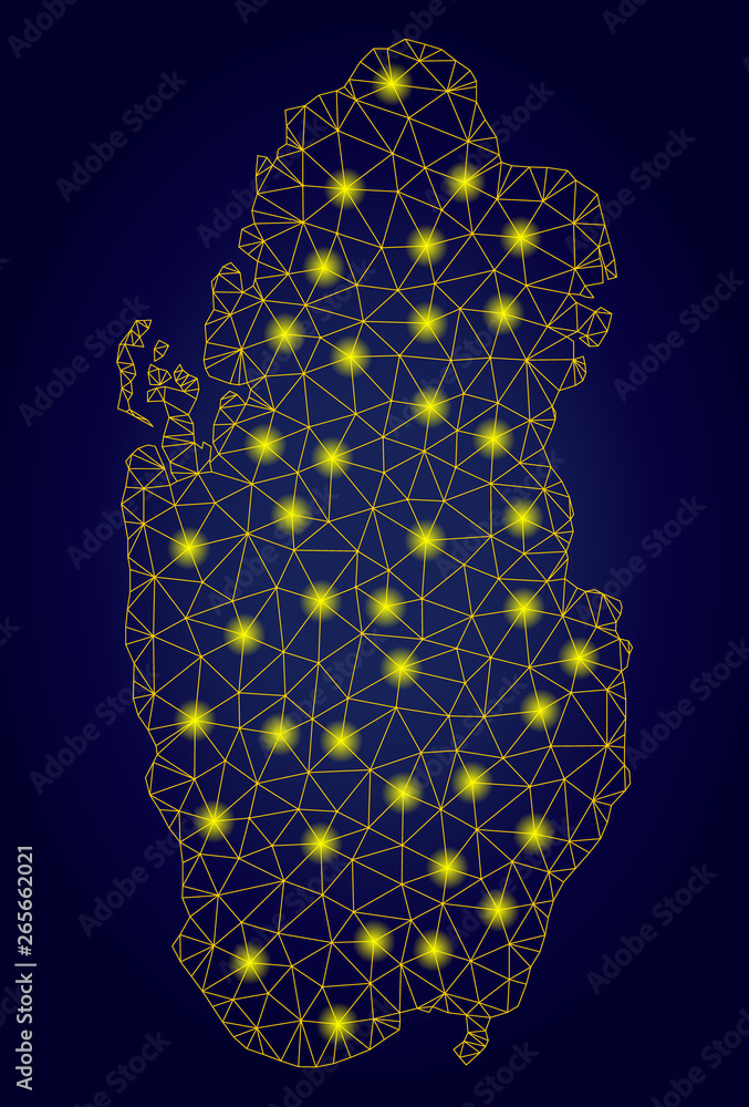 Aufkleber yellow mesh vector qatar map with glare effect on a dark blue gradiented background. abstract lines,