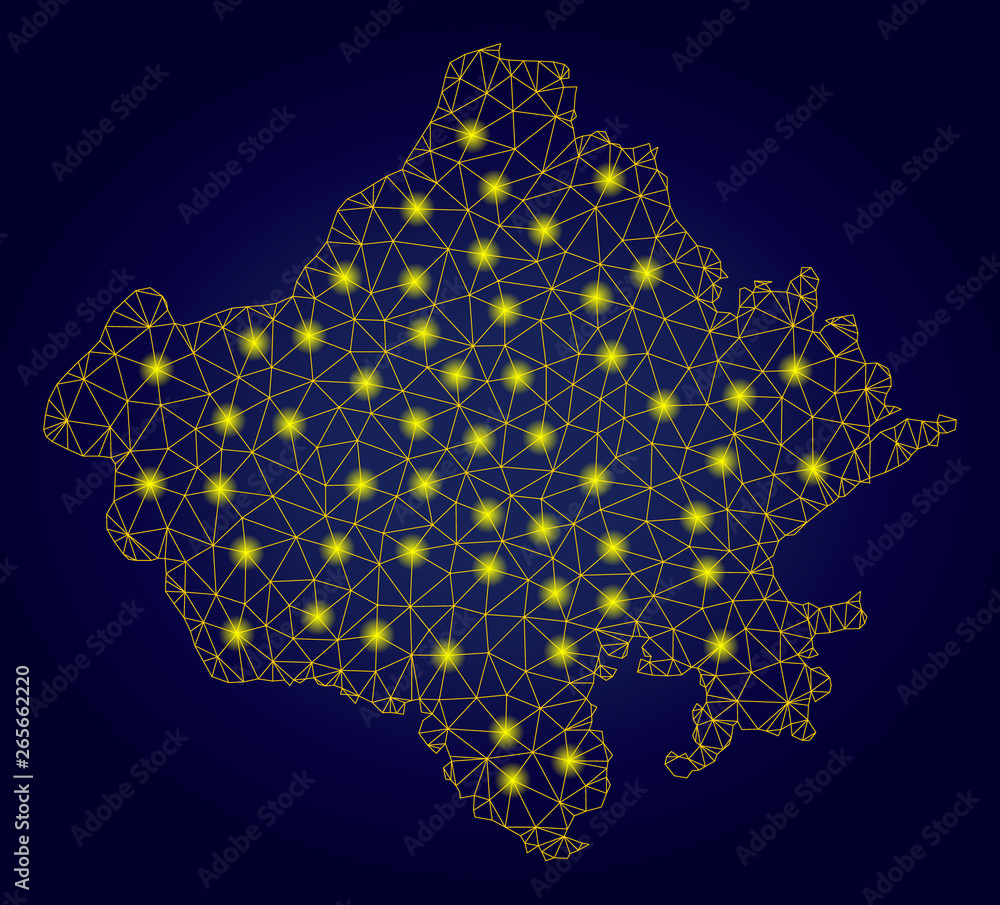 Poster yellow mesh vector rajasthan state map with glare effect on a dark blue gradiented background. abstr