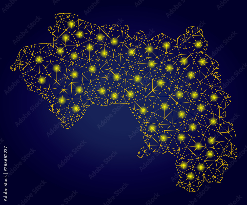 Poster yellow mesh vector republic of guinea map with glow effect on a dark blue gradiented background. abs