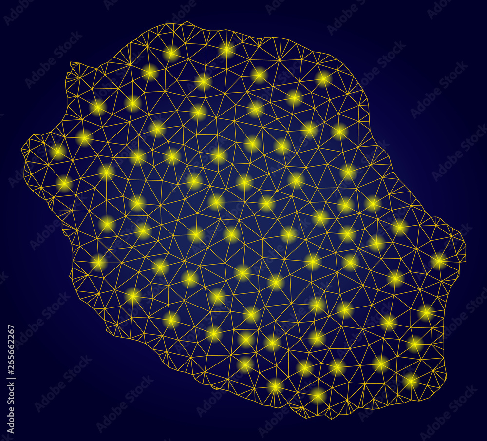 Poster yellow mesh vector reunion island map with flare effect on a dark blue gradiented background. abstra