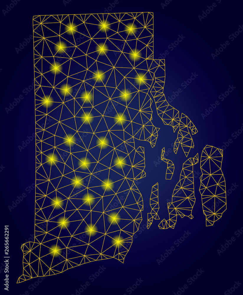 Poster yellow mesh vector rhode island state map with flare effect on a dark blue gradiented background. ab