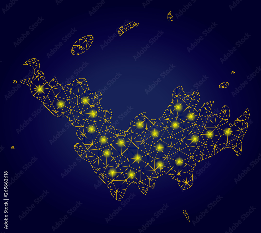 Poster Yellow mesh vector Saint Barthelemy map with glare effect on a dark blue gradiented background. Abstract lines, light spots and circle dots form Saint Barthelemy map constellation.
