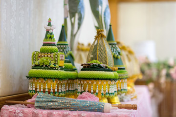 Engagement bowl for Thai engagement ceremony. bride price set, made from banana leaf and garland in thai wedding ceremony forr contain wedding ring and flower