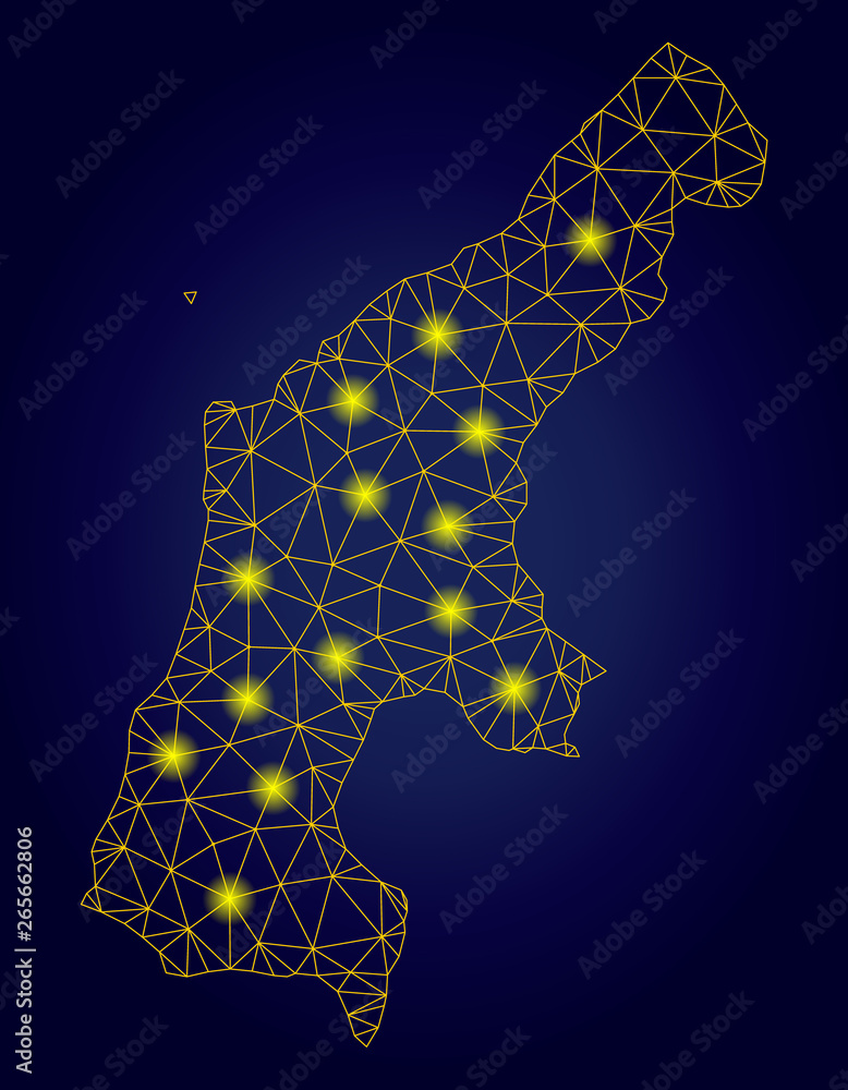Aufkleber yellow mesh vector saipan island map with glare effect on a dark blue gradiented background. abstrac